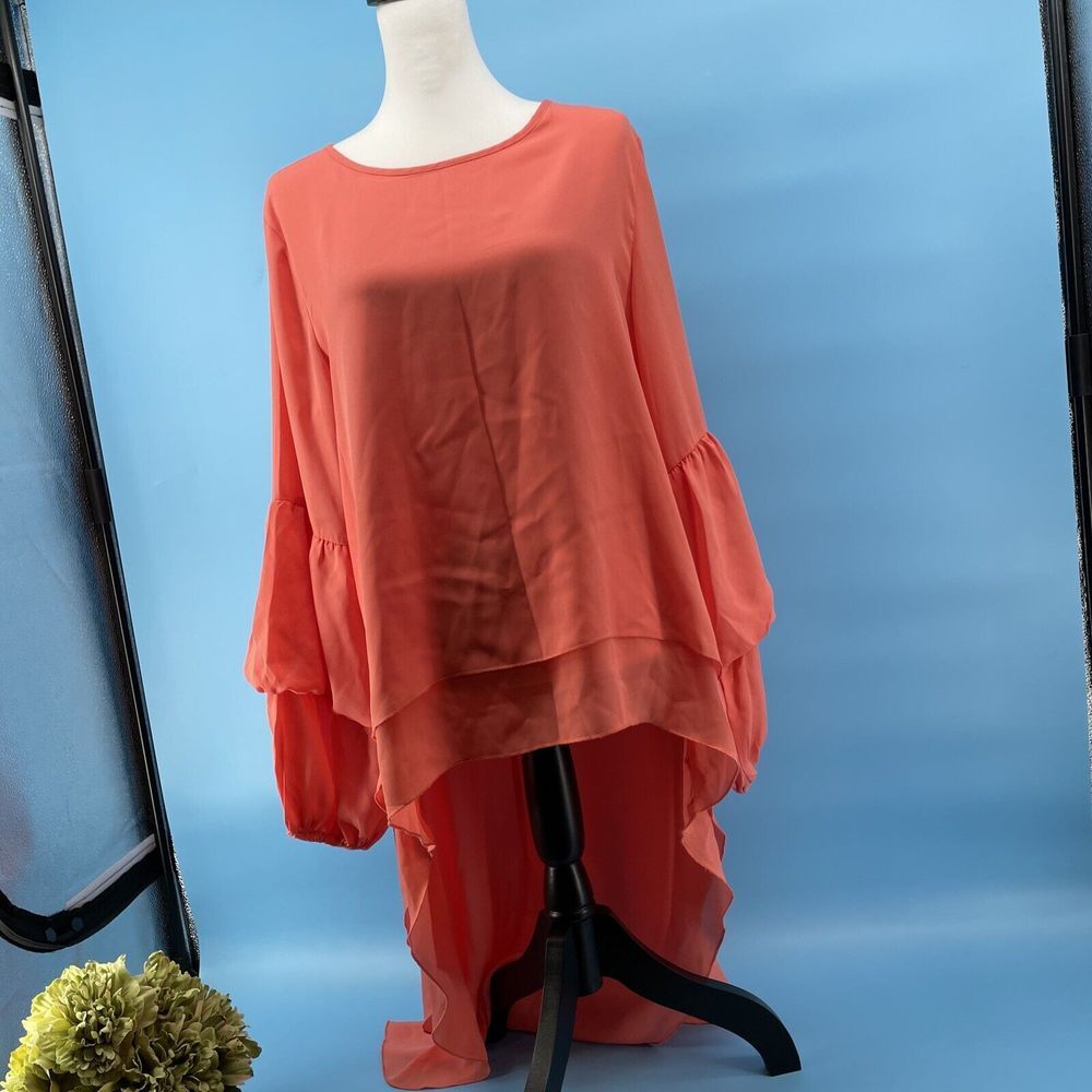 Boho Artsy Top Womens Large Peach Long Tunic High Low Hem Fairy Balloon Sleeve